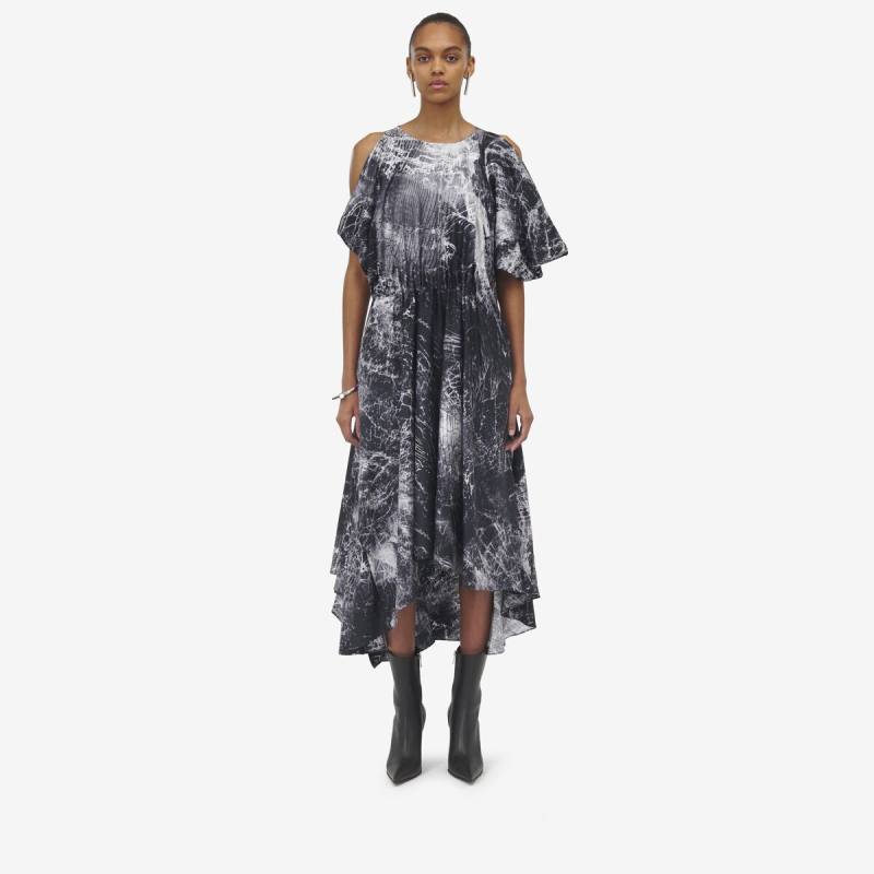 Alexander McQueen Women's Black Smashed Screen Asymmetric Dress - 12 (Silk)